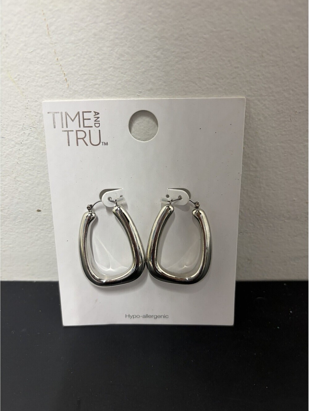 Time and Tru Hypoallergenic Silver-Tone Rectangular Hoop Earrings (NEW)